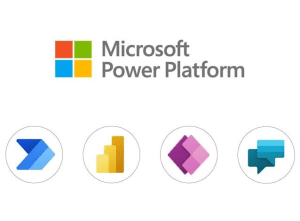 microsoft power platform - INFINION Technologies - INFINION Technologies Microsoft Power Platform logo with four circular icons: Power Automate, Power BI, Power Apps, and Power Virtual Agents.